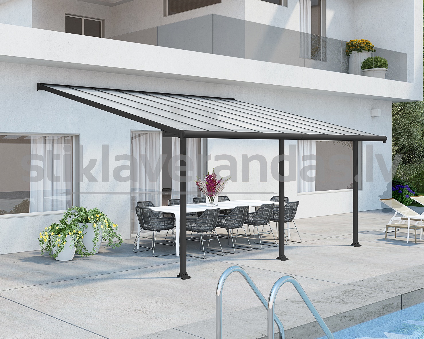 stikla verandas aluminija nojume polikarbonata jumts ieva 3.0 x 5.4